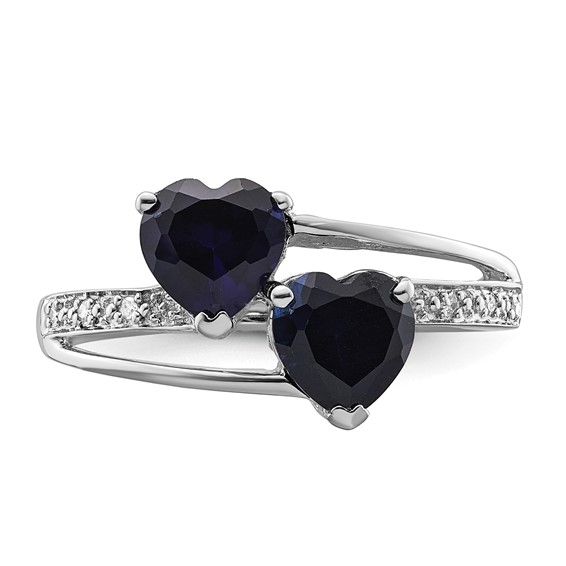 Sterling Silver Polished Created Sapphire & Diamond Double Heart Ring