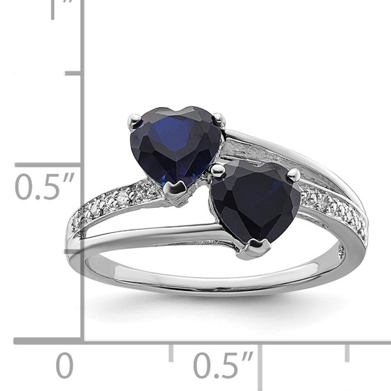 Sterling Silver Polished Created Sapphire & Diamond Double Heart Ring