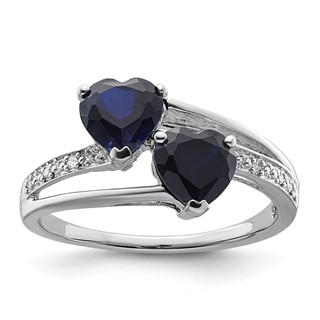 Sterling Silver Polished Created Sapphire & Diamond Double Heart Ring