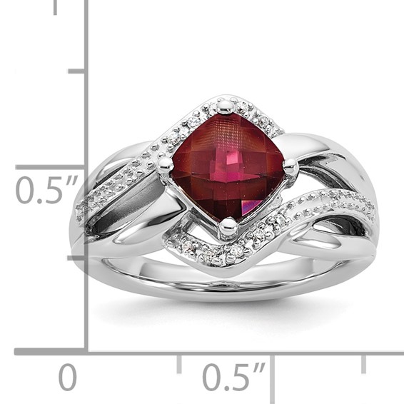 SS 7X7 RED CZ and Diamond Ring