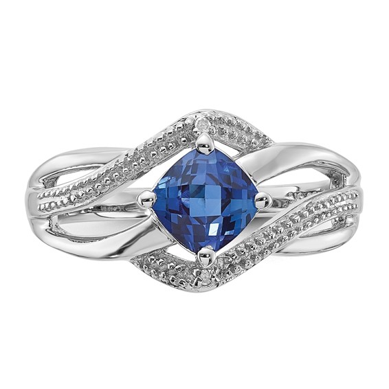 Sterling Silver Created Ceylon Sapphire and Diamond Ring
