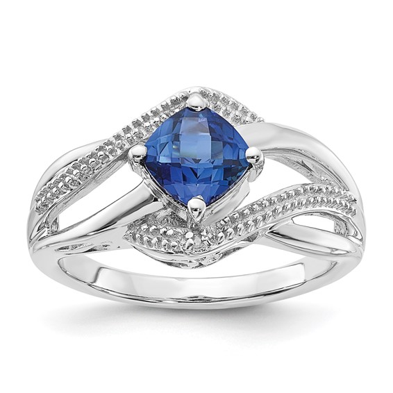 Sterling Silver Created Ceylon Sapphire and Diamond Ring