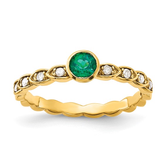 Sterling Silver Gold-tone Created Emerald and Diamond Ring