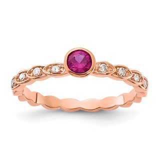 Sterling Silver Rose-tone Created Ruby and Diamond Ring