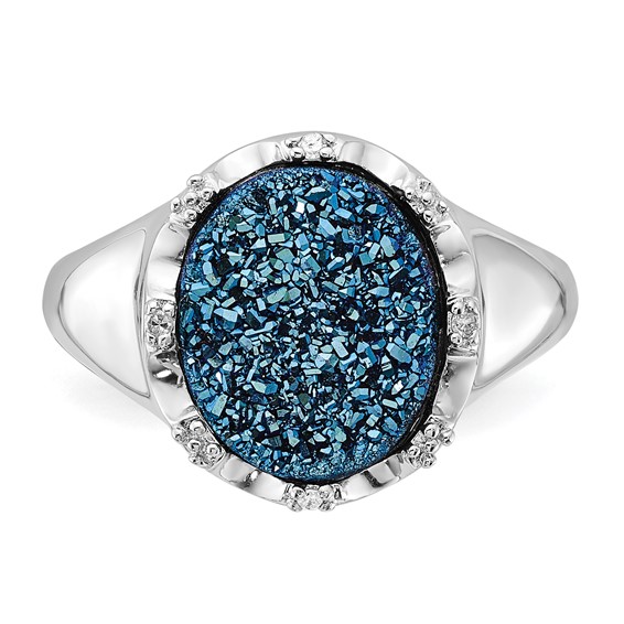 Sterling Silver Blue Druzy Quartz and Diamond Ring