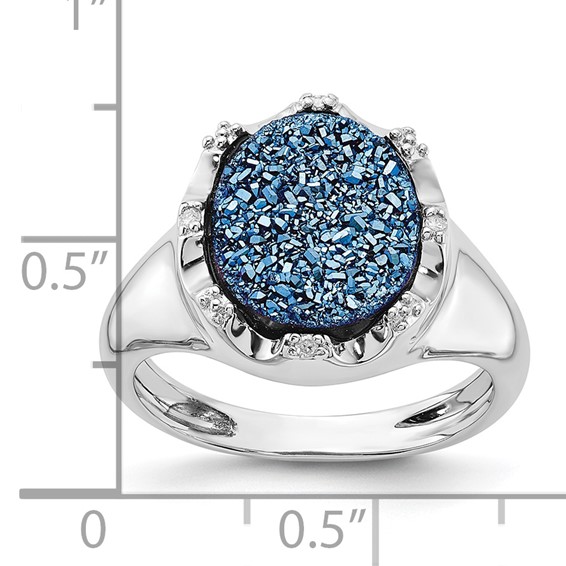 Sterling Silver Blue Druzy Quartz and Diamond Ring