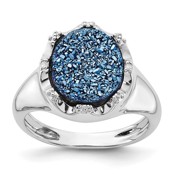 Sterling Silver Blue Druzy Quartz and Diamond Ring