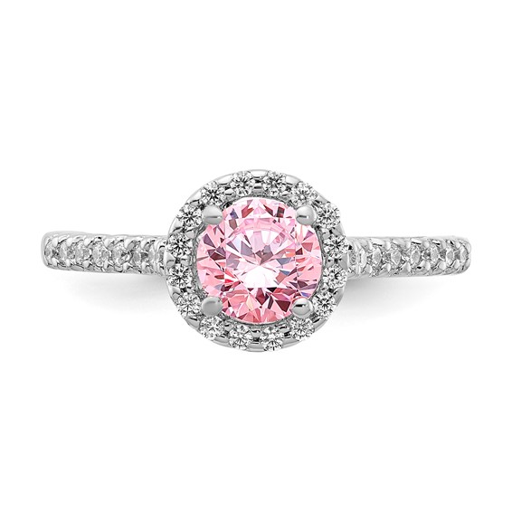 Sterling Silver Polished Pink and Clear CZ Halo Ring