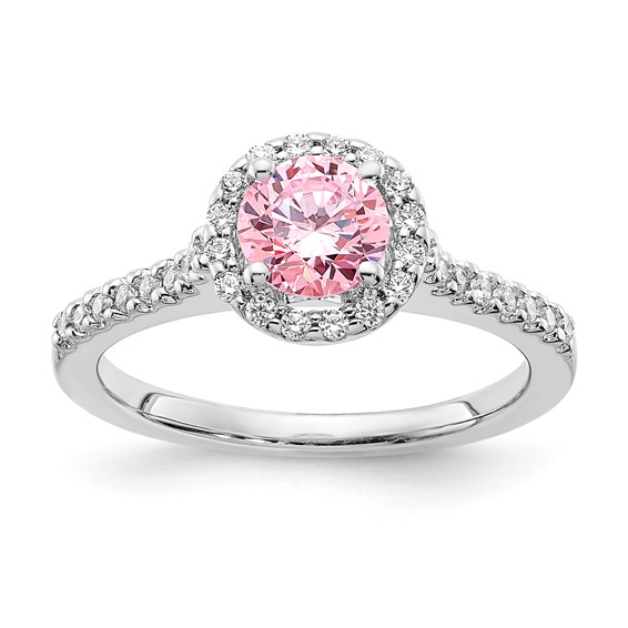 Sterling Silver Polished Pink and Clear CZ Halo Ring