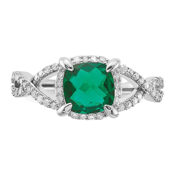 Sterling Silver Created Emerald and Diamond Ring