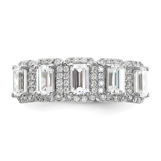 Sterling Silver Rhodium-plated Diamonore 5 Stone Baguette Halo Ring