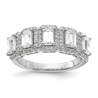 Sterling Silver Rhodium-plated Diamonore 5 Stone Baguette Halo Ring