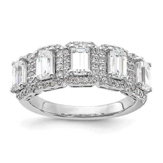 Sterling Silver Rhodium-plated Diamonore 5 Stone Baguette Halo Ring