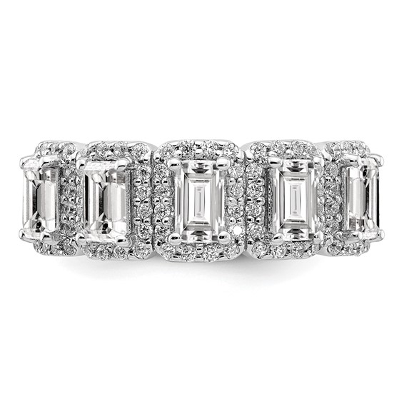 Sterling Silver Rhodium-plated Diamonore 5 Stone Baguette Halo Ring