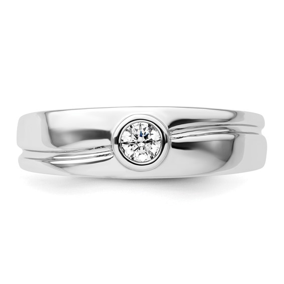 14k White Gold Grooved Complete Diamond Mens Wedding Band