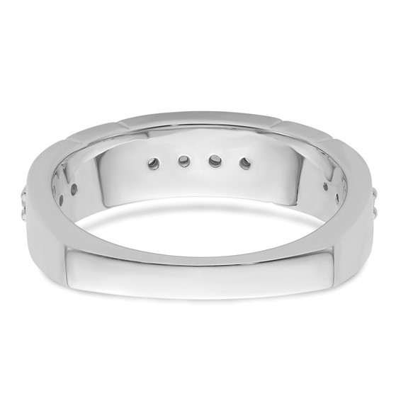 14k White Gold Polished & Satin Grooved Diamond Mens Wedding Band