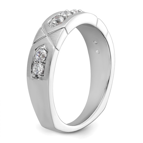 14k White Gold Polished & Satin Grooved Diamond Mens Wedding Band