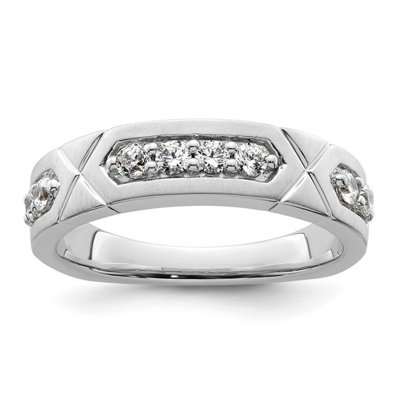 14k White Gold Polished & Satin Grooved Diamond Mens Wedding Band