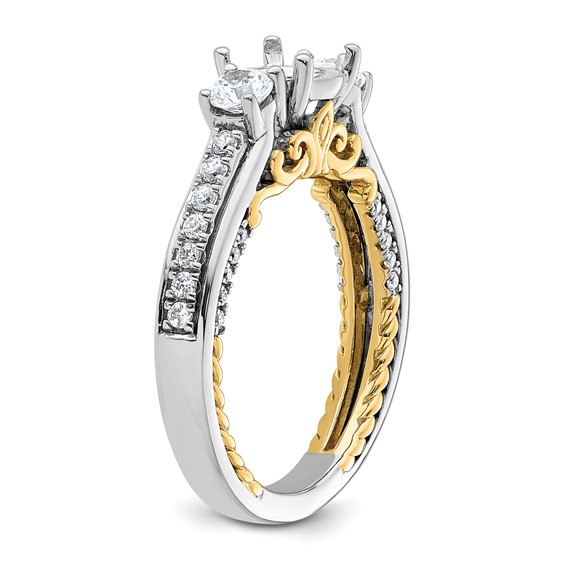 14k Two-tone Three Stone Semi-Mount Including 2-3.5mm Side Stones Engagement Ring