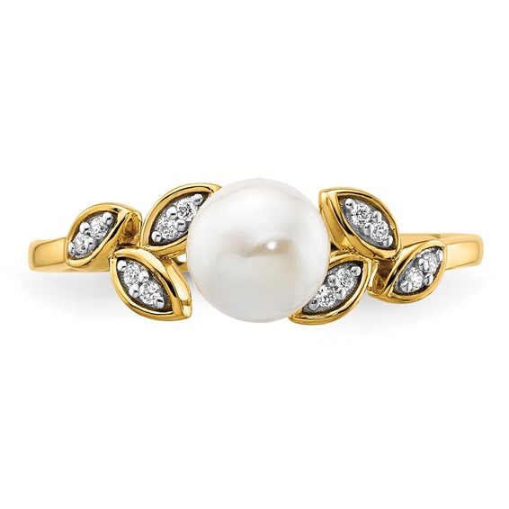 14K Polished 1/20 carat Diamond and White Freshwater Cultured Pearl Leaf Design Size 7 Ring