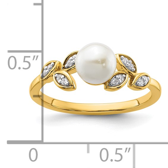 14K Polished 1/20 carat Diamond and White Freshwater Cultured Pearl Leaf Design Size 7 Ring