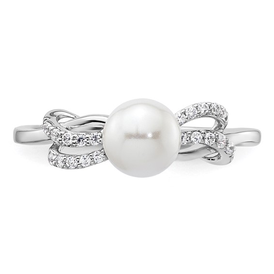 14K White Gold Polished 1/10 carat Diamond and White Freshwater Cultured Pearl Size 7 Ring