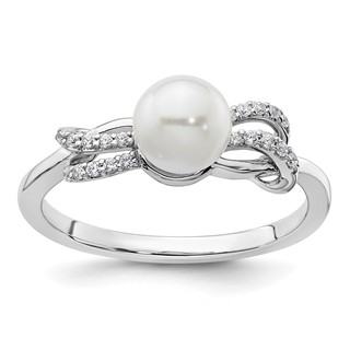 14K White Gold Polished 1/10 carat Diamond and White Freshwater Cultured Pearl Size 7 Ring