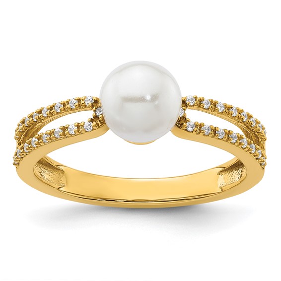 14K Polished White Freshwater Cultured Pearl and 1/10 carat Diamond Fashion Ring