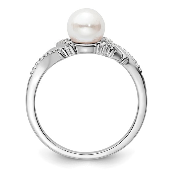 14K White Gold Polished 1/10 carat Diamond and White Freshwater Cultured Pearl Size 7 Ring