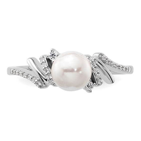 14K White Gold Polished 1/10 carat Diamond and White Freshwater Cultured Pearl Size 7 Ring