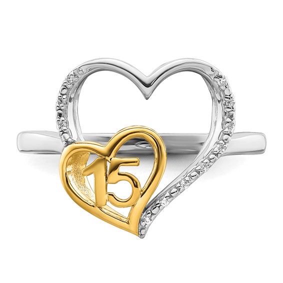 14K Two-tone Polished Diamond Quinceanera 15 Heart Ring