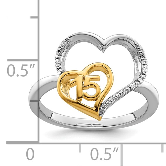 14K Two-tone Polished Diamond Quinceanera 15 Heart Ring