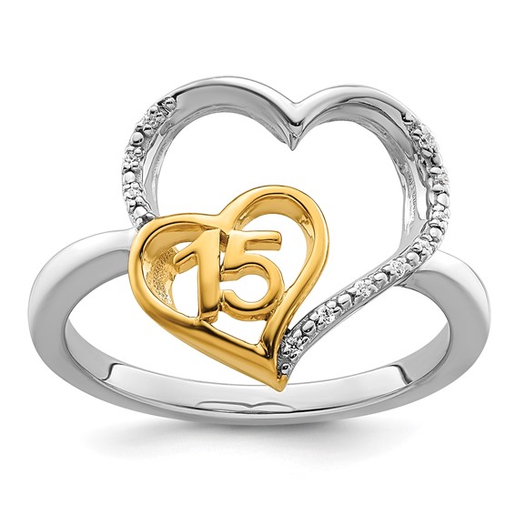 14K Two-tone Polished Diamond Quinceanera 15 Heart Ring