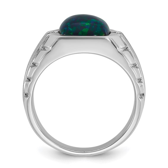 SS Cr. Black Opal (Green) & Diamond Mens Ring