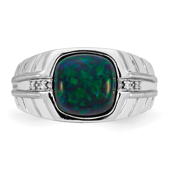 SS Cr. Black Opal (Green) & Diamond Mens Ring