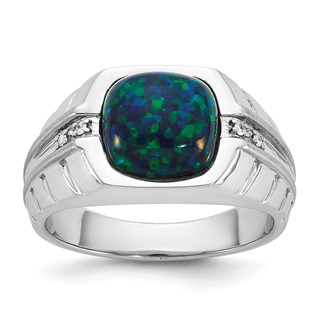SS Cr. Black Opal (Green) & Diamond Mens Ring