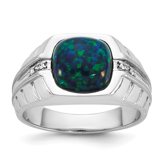 SS Cr. Black Opal (Green) & Diamond Mens Ring