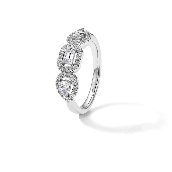 14k White Gold 5/8 carat Lab Grown Diamond VS/SI+ G+ Three Stone Emerald and Pear Complete Engagement Ring