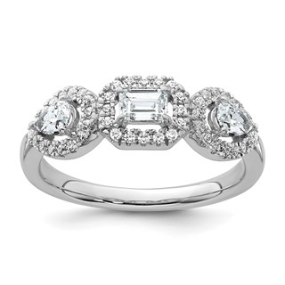 14k White Gold 5/8 carat Lab Grown Diamond VS/SI+ G+ Three Stone Emerald and Pear Complete Engagement Ring