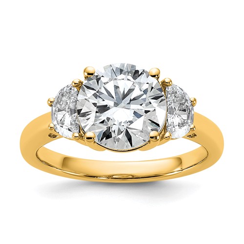 14K Yellow Gold 0.62 Carat Lab Grown Diamond VS+ F+ 2.50 Carat Center Round Semi Mount Three Stone Engagement Ring