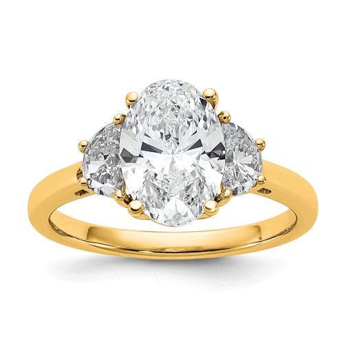 14K Yellow Gold 0.50 Carat Lab Grown Diamond VS+ F+ Half Moon and 2 Carat Oval Center Semi Mount Three Stone Engagement Ring