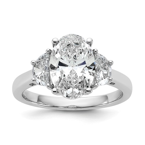 14K White Gold 0.62 Carat Lab Grown Diamond VS+ F+ Half Moon and 2.50 Carat Oval Center Semi Mount Three Stone Engagement Ring