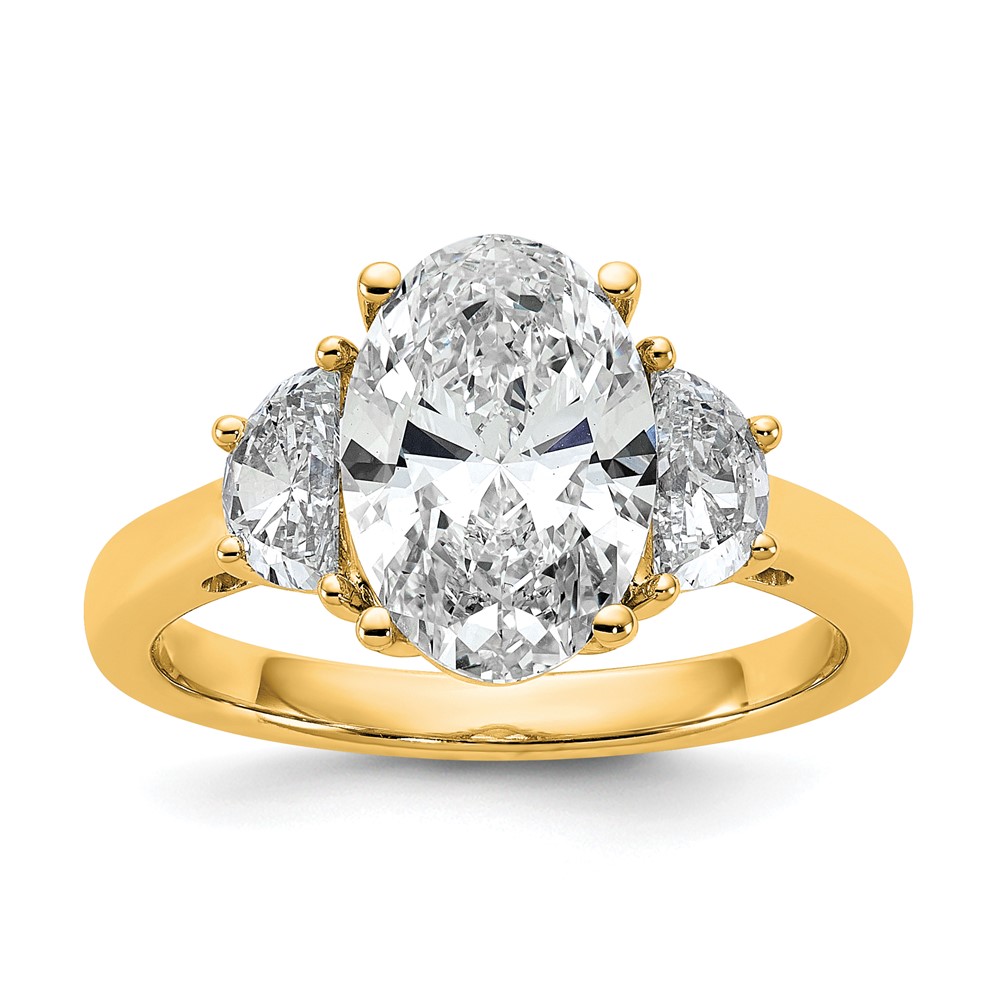 14K Yellow Gold 0.62 Carat Lab Grown Diamond VS+ F+ Half Moon and 2.50 Carat Oval Center Semi Mount Three Stone Engagement Ring