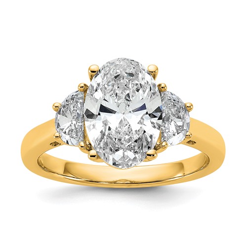 14K Yellow Gold 0.62 Carat Lab Grown Diamond VS+ F+ Half Moon and 2.50 Carat Oval Center Semi Mount Three Stone Engagement Ring