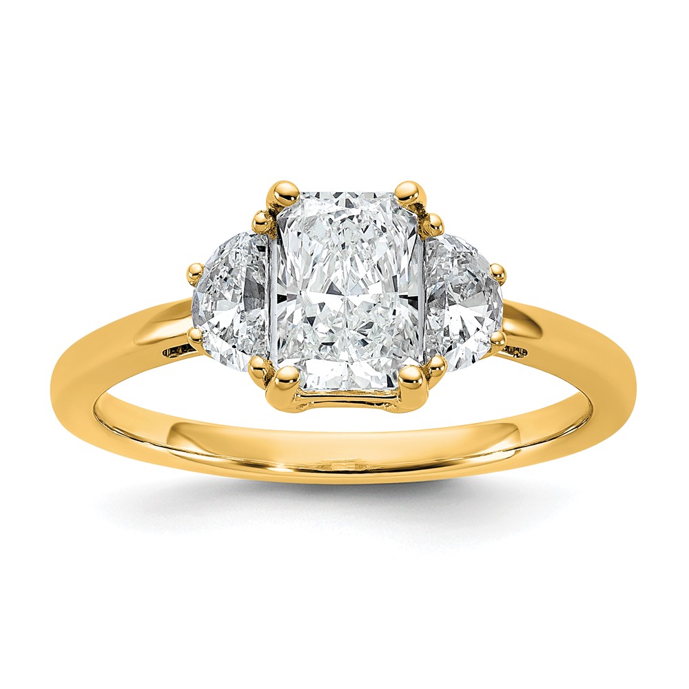 14K Yellow Gold 0.38 Carat Lab Grown Diamond VS SI+ G+ Half Moon 1 Carat Radiant Center Semi Mount Engagement Ring