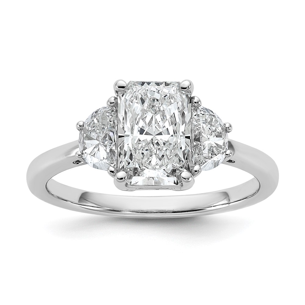 14K White Gold 2 Carat Certified Lab Grown Diamond VS+ F+ Radiant and Half Moon Complete Three Stone Engagement Ring