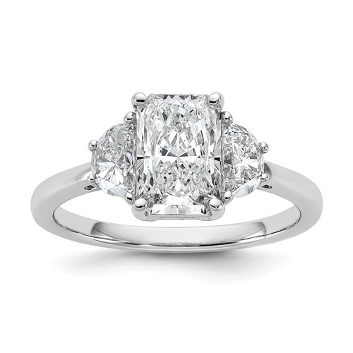 14K White Gold 2 Carat Certified Lab Grown Diamond VS+ F+ Radiant and Half Moon Complete Three Stone Engagement Ring