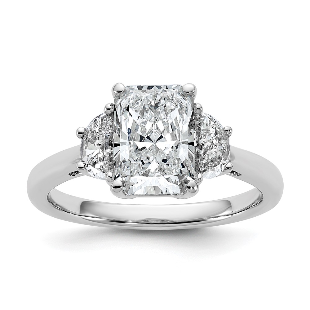14K White Gold 0.50 Carat Lab Grown Diamond VS SI+ G+ Half Moon 2 Carat Radiant Center Semi Mount Engagement Ring