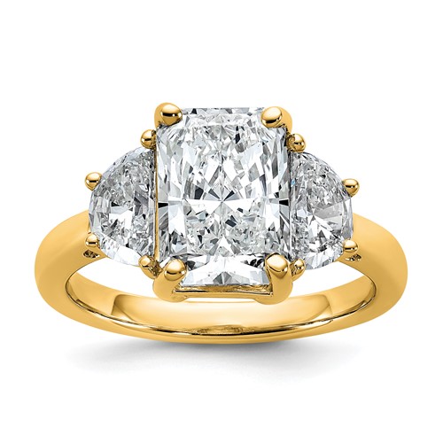 14K Yellow Gold 4 Carat Certified Lab Grown Diamond VS+ F+ Radiant and Half Moon Complete Three Stone Engagement Ring