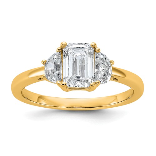 14K Yellow Gold 1.38 Carat Certified Lab Grown Diamond VS+ F+ Complete Emerald and Half Moon Three Stone Engagement Ring